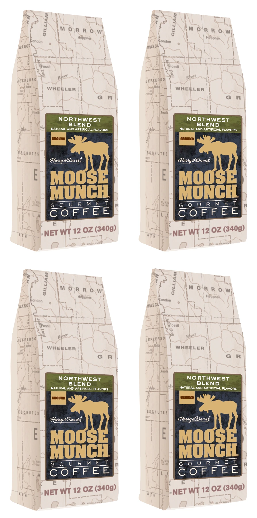 Harry & David Northwest Blend Moose Munch Ground Coffee - 4 Bags (12 Oz Each) 3 Harry & David Northwest Blend Moose Munch Ground Coffee - 4 Bags (12 Oz Each)